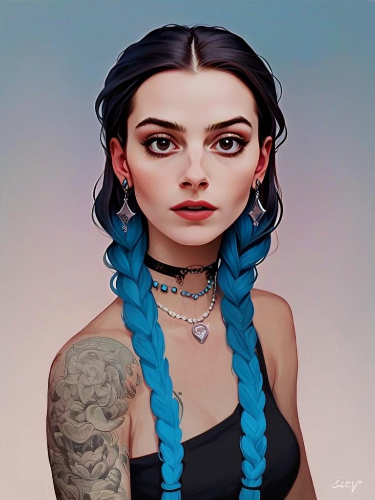 Portrait of a Woman with Blue Braids and Floral Tattoo Portrait of a Woman with Blue Braids and Floral Tattoo