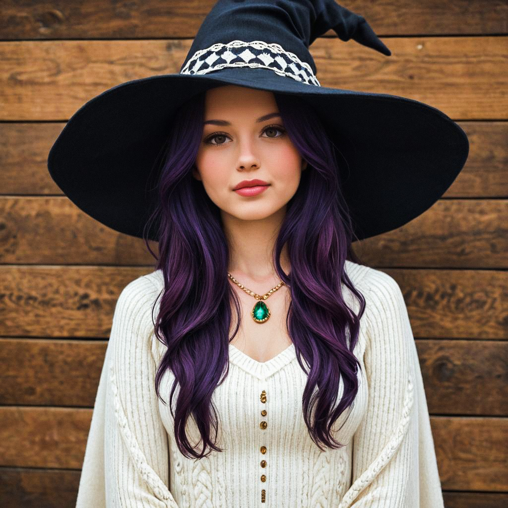 Young Woman in Black Witch Hat with Purple Hair