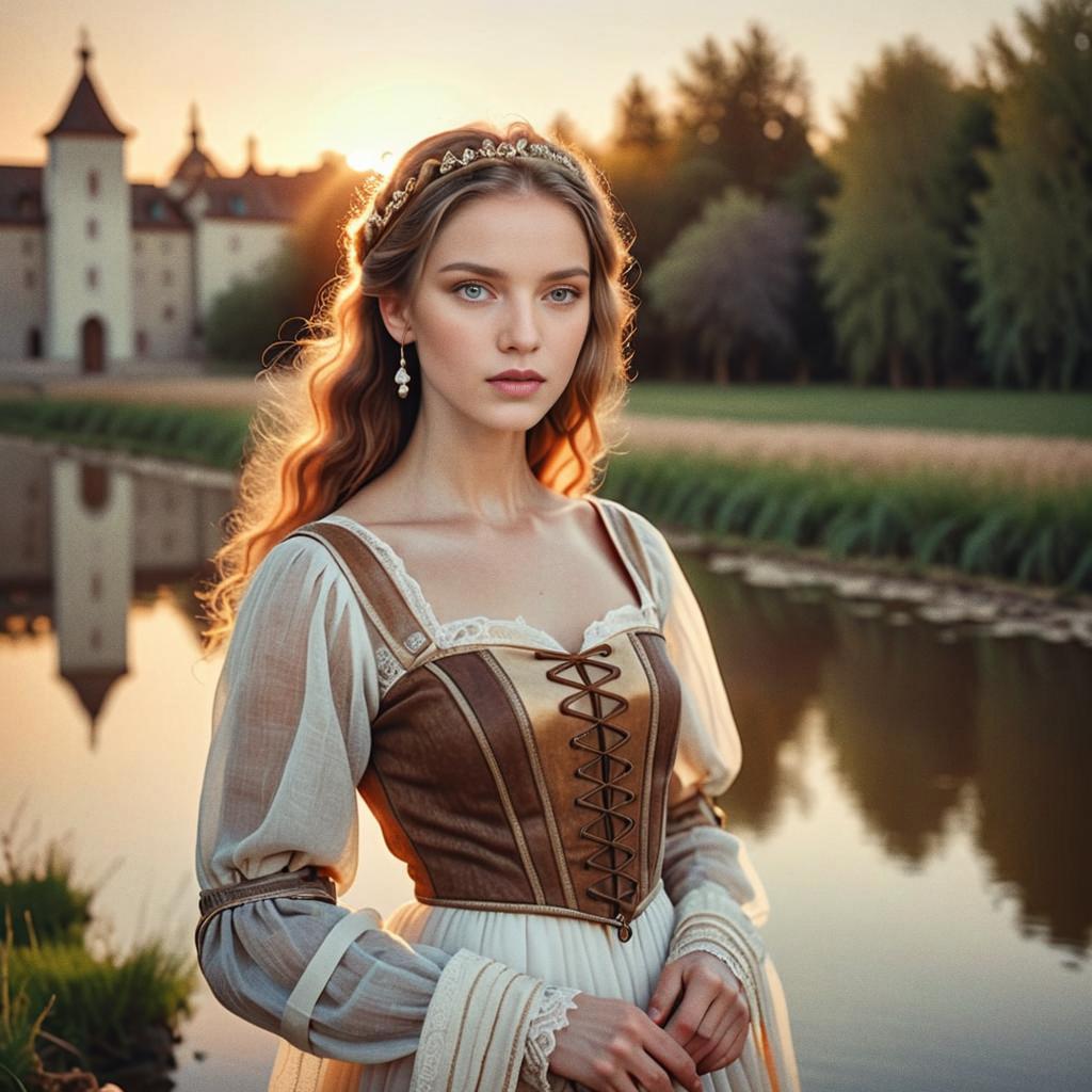 Elegant Woman in Medieval Gown by Sunset River