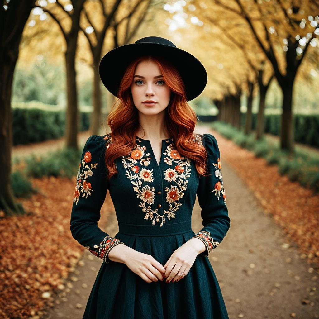 Elegant Woman Wearing Embroidered Dress and Hat on Autumn Path