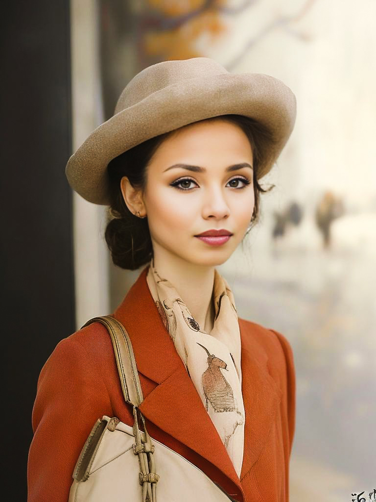 Chic Woman in Vintage Outfit with Hat and Scarf