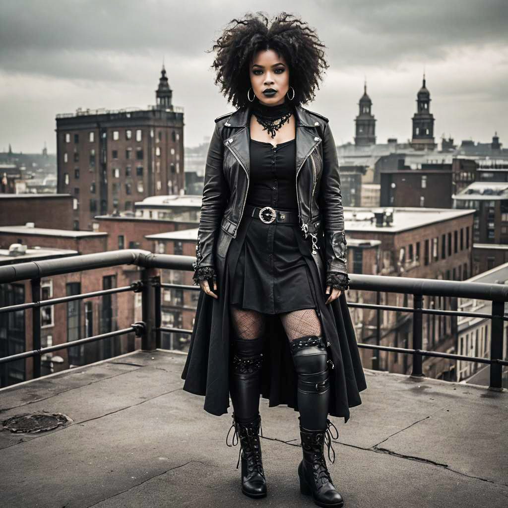 Gothic Urban Fashion Woman on Rooftop Black Leather Style
