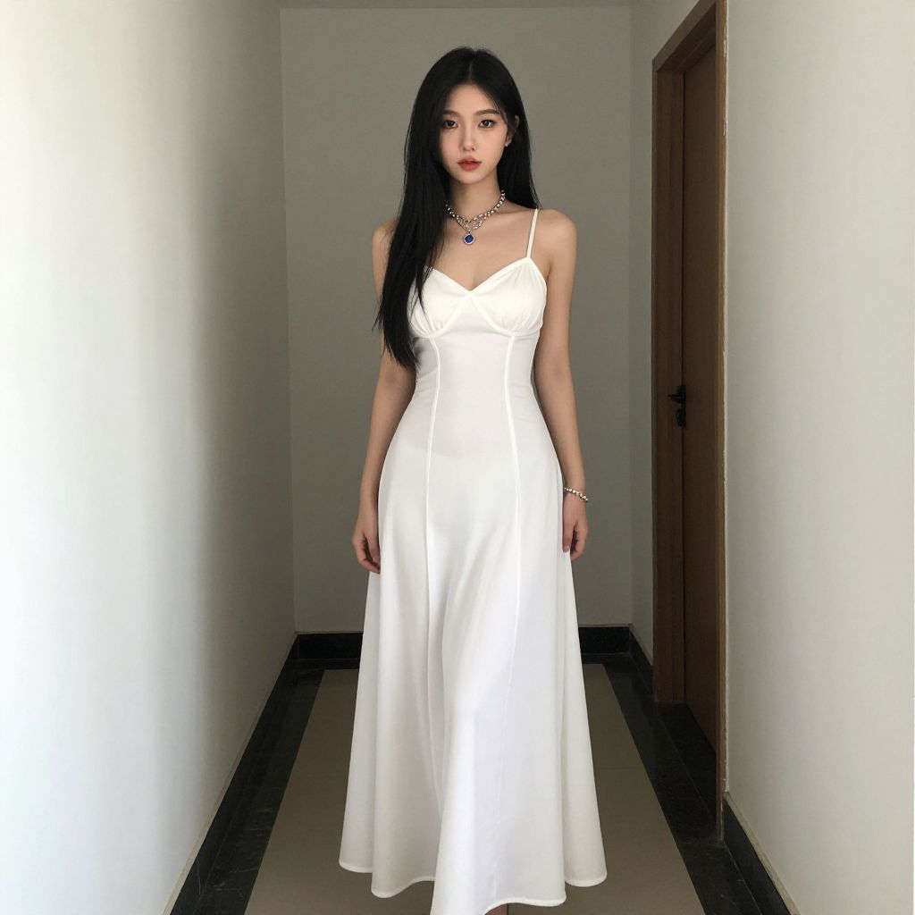 Elegant Woman in White Spaghetti Strap Dress Standing in Hallway