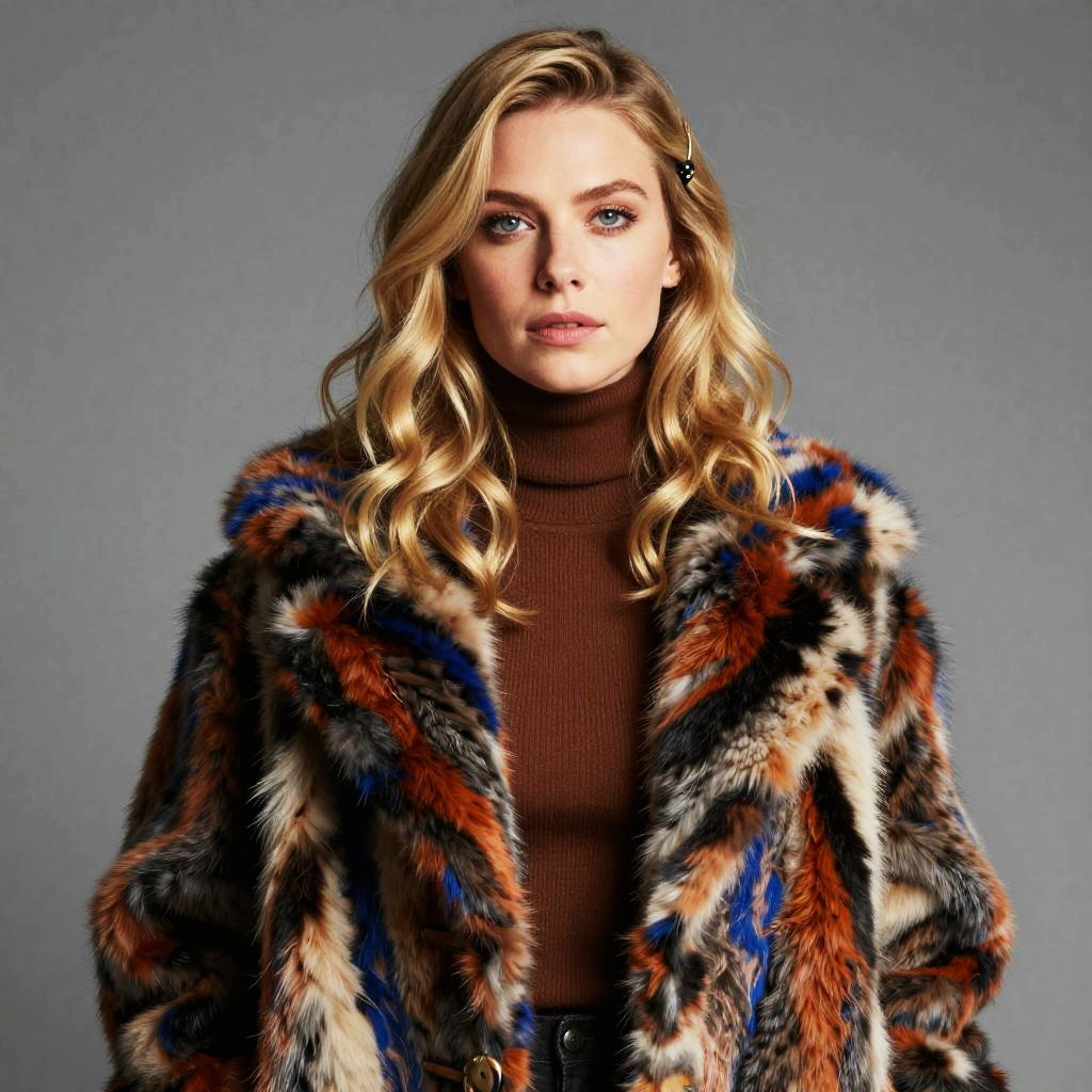Woman Wearing Multicolored Faux Fur Coat with Brown Turtleneck - Fashion Portrait