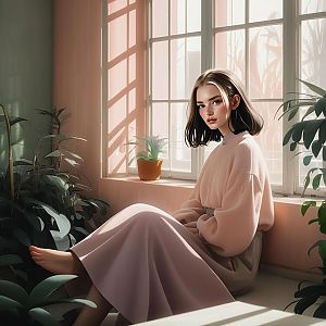 Young Woman by Window with Indoor Plants