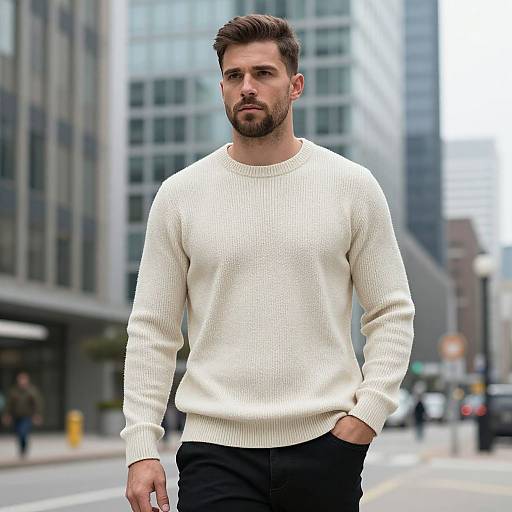 Confident Man in Cream Knit Sweater Walking in Modern City