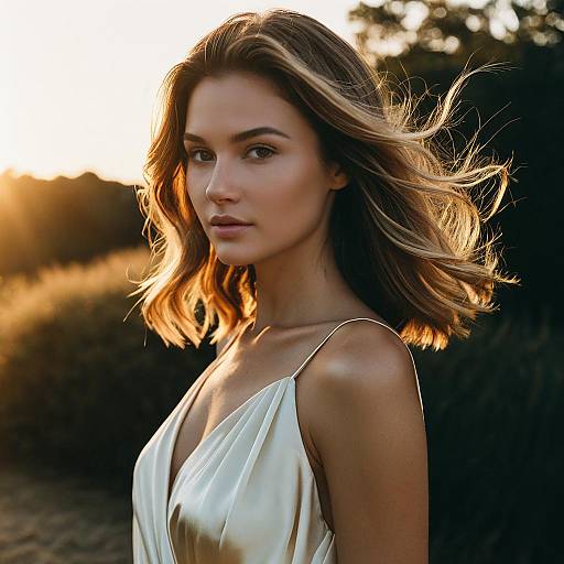 Elegant Woman in Ivory Dress at Golden Hour Outdoor Portrait