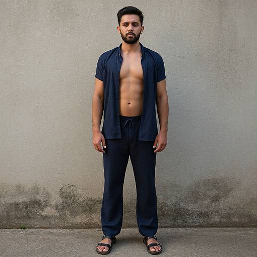 Confident Man in Casual Navy Outfit Standing Against Concrete Wall