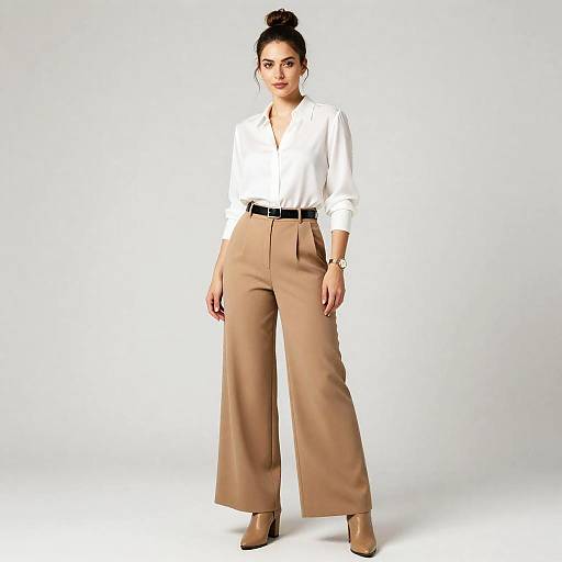Young Woman in Wide-Leg Camel Trousers and White Blouse Fashion Outfit