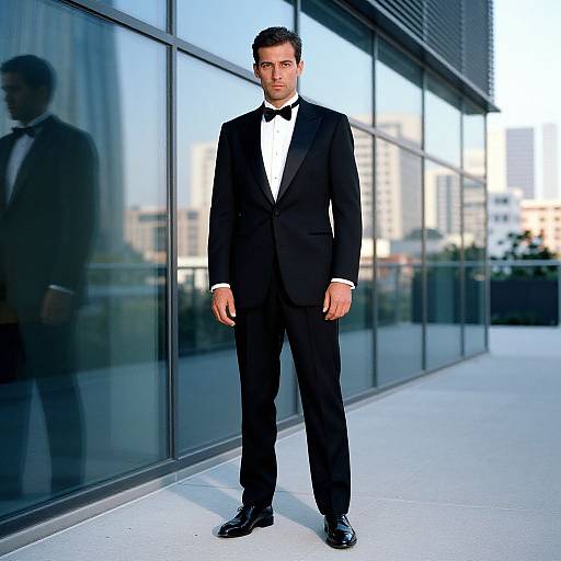 Man in Classic Black Tuxedo Standing by Modern Glass Building