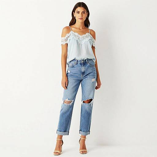 Gen Z Style Woman Wearing Ripped Jeans and Lace Off-Shoulder Top