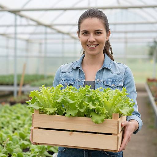 Woman Holding Fresh Green Lettuce in Wooden Crate Inside Greenhouse