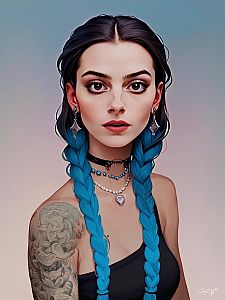 Portrait of a Woman with Blue Braids and Floral Tattoo