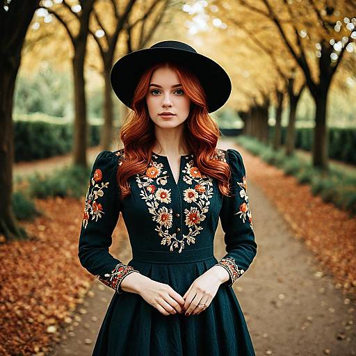 Elegant Woman Wearing Embroidered Dress and Hat on Autumn Path