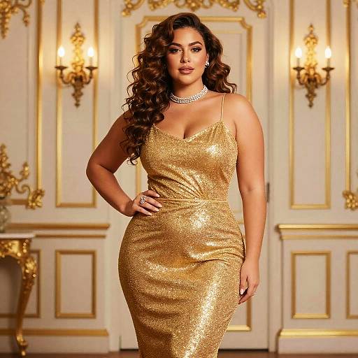 Elegant Woman in Gold Sequin Dress with Glamorous Curly Hair