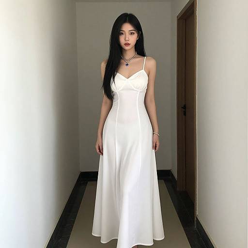 Elegant Woman in White Spaghetti Strap Dress Standing in Hallway