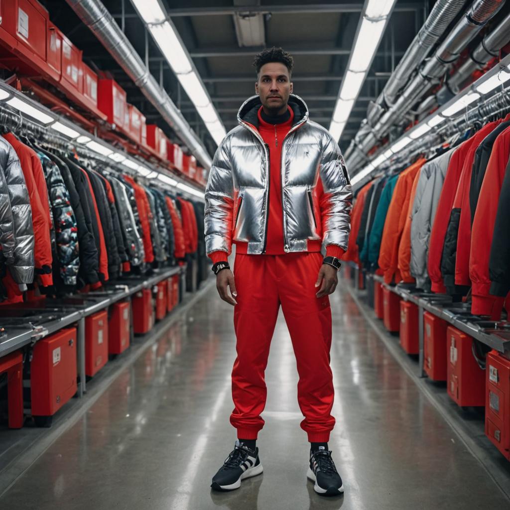 Stylish Man in Metallic Silver Jacket and Red Pants