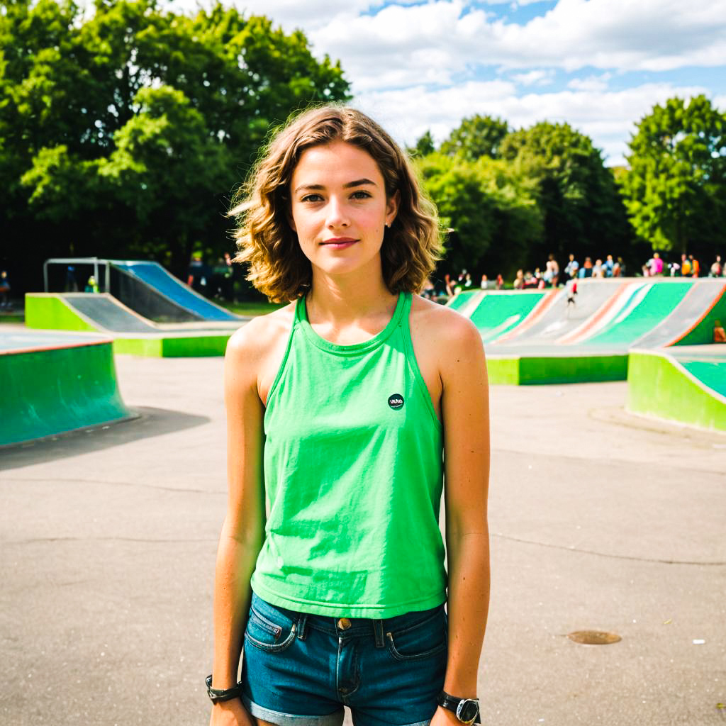 Confident Woman in Green Tank Top at Skate Park