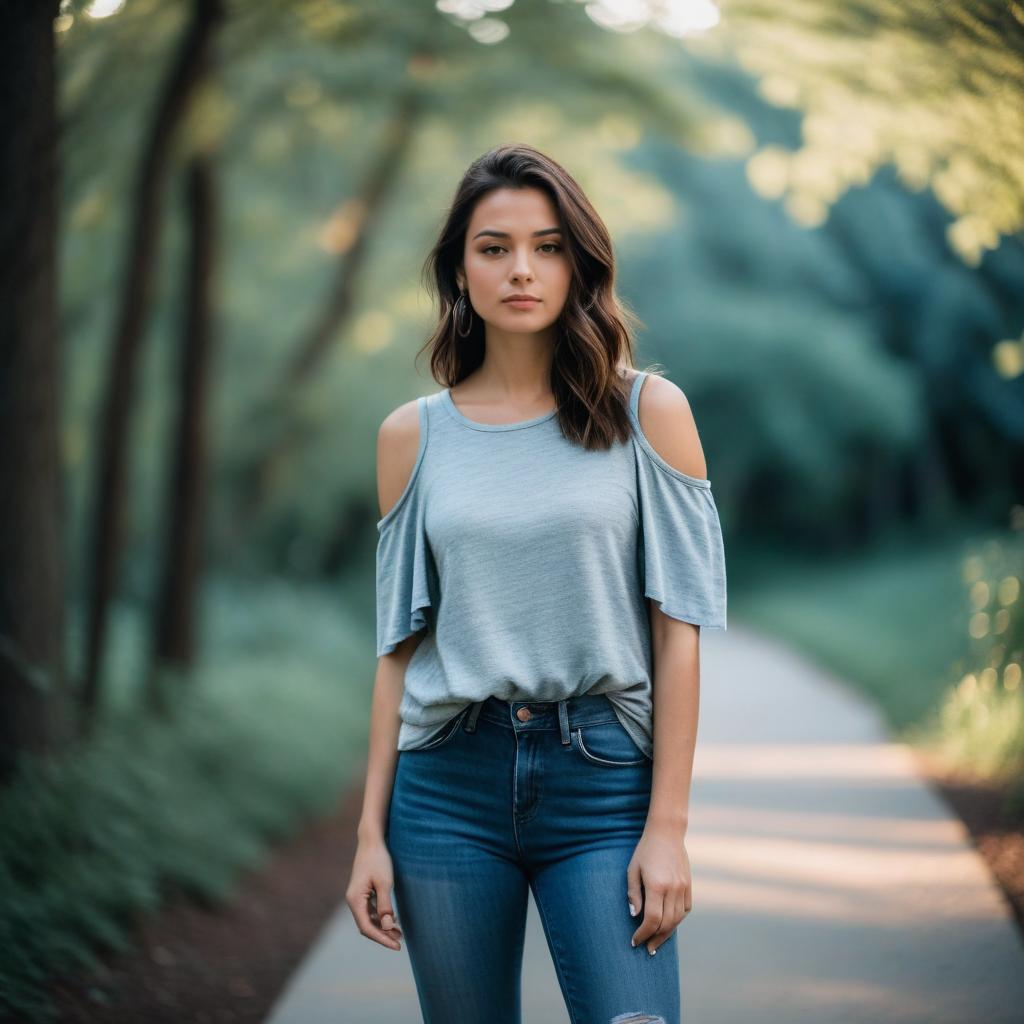 Young Woman in Casual Outfit on Tree-Lined Path Outdoors