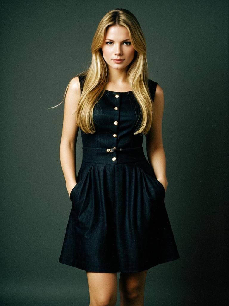 Stylish Woman in Black Sleeveless Frock with Gold Buttons