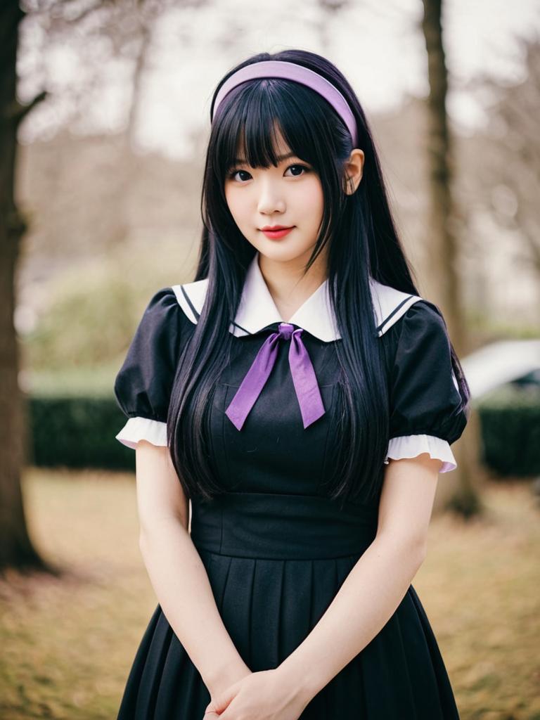 Portrait of Woman in Black Dress with Purple Ribbon and Headband