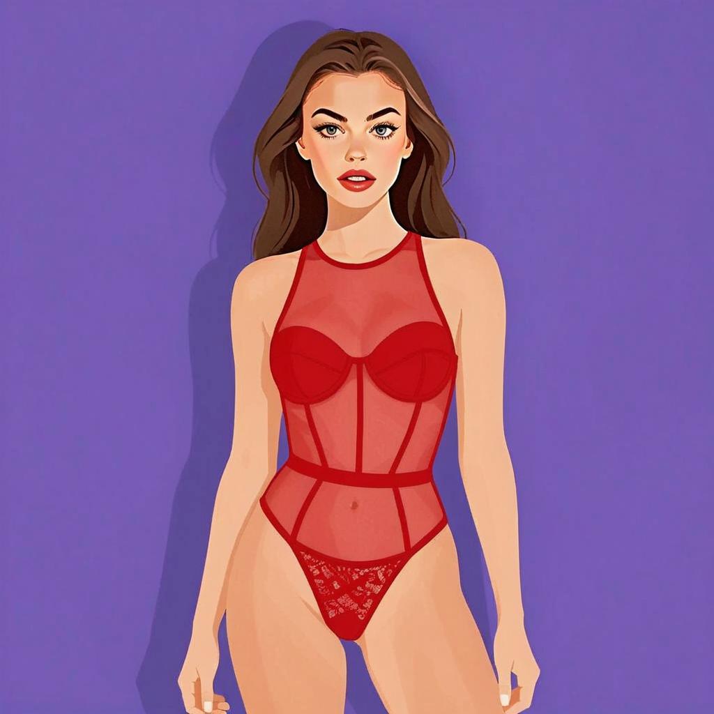 Woman in Bold Red Mesh Bodysuit Fashion Illustration