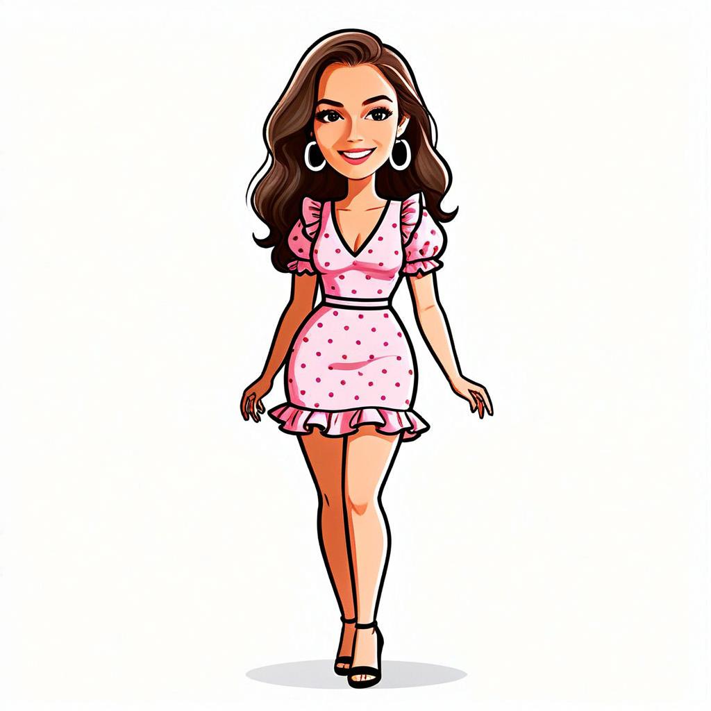 Cartoon Woman in Pink Polka Dot Dress with Pretty Hair and Playful Smile