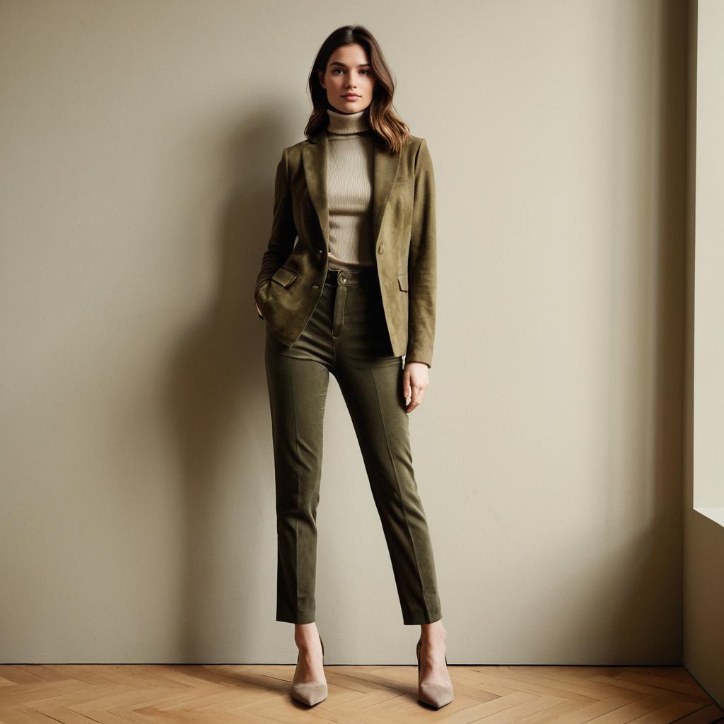 Woman in Olive Green Tailored Suit with Beige Turtleneck Standing Against Wall