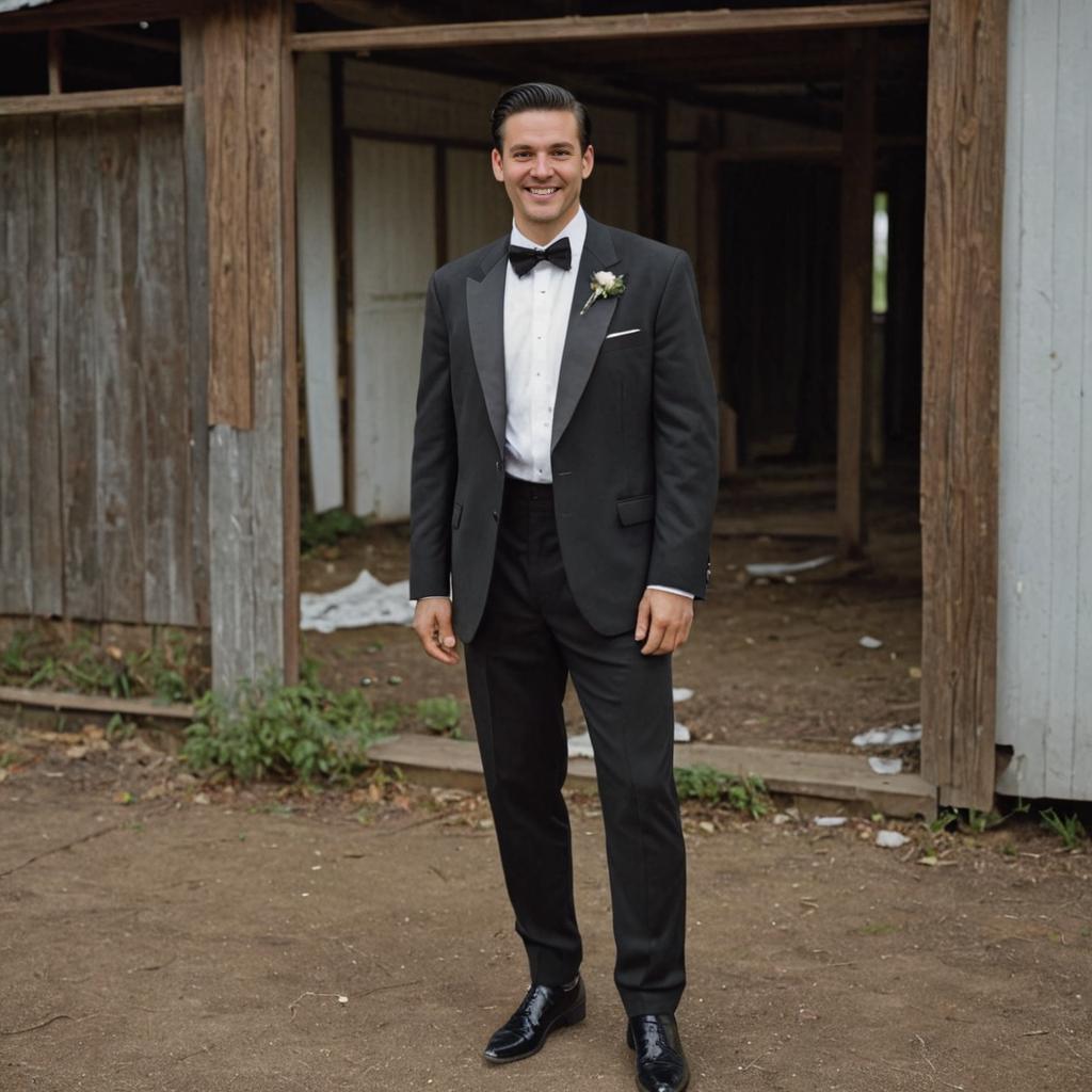 Sophisticated Man in Tuxedo Against Rustic Barn