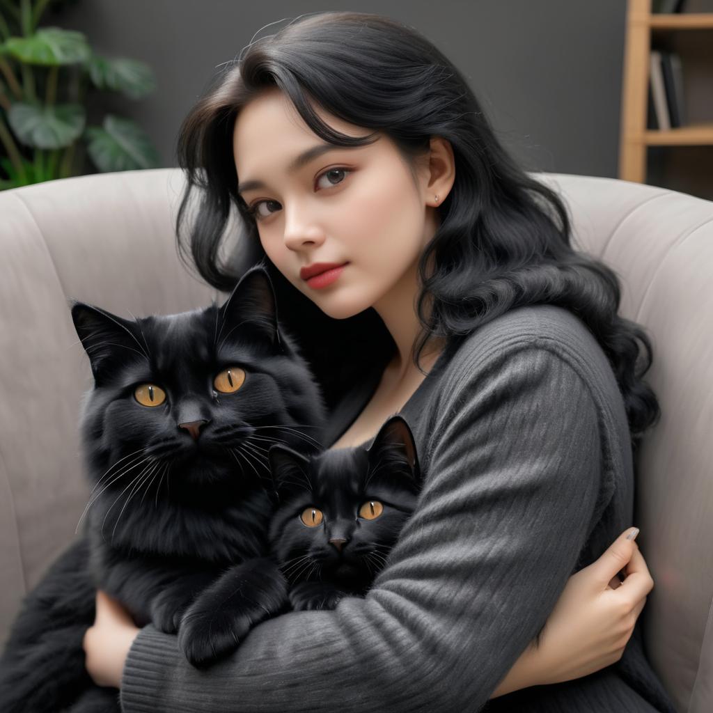 Young woman with black cats in cozy armchair