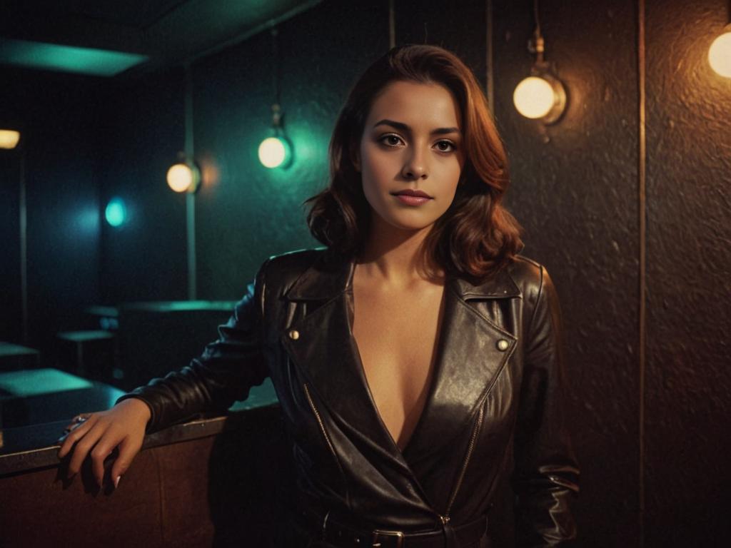 Serene Woman in Chic Leather Outfit at Nightclub