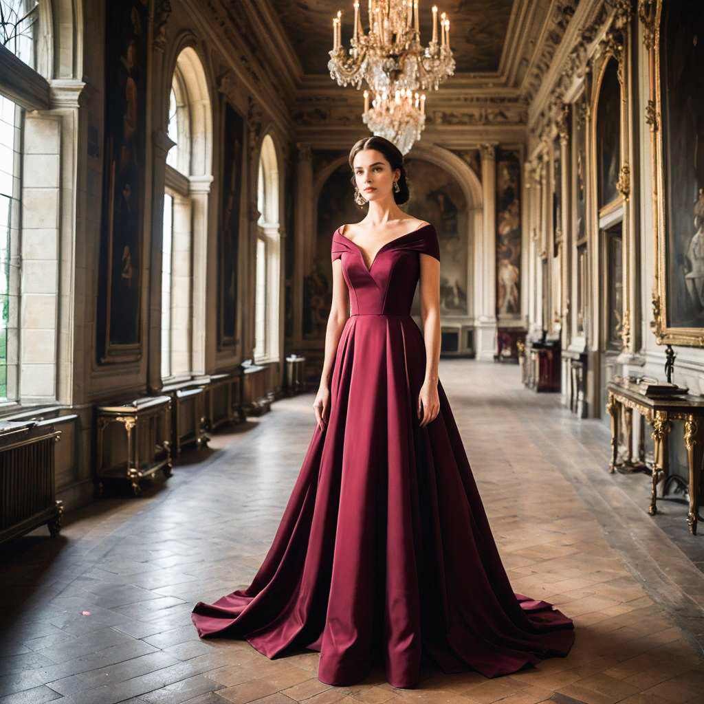 Elegant Woman in Burgundy Gown in Opulent Setting