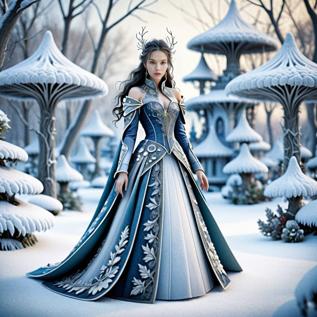 Enchanting Woman in Blue Gown with Antlers in Winter Landscape