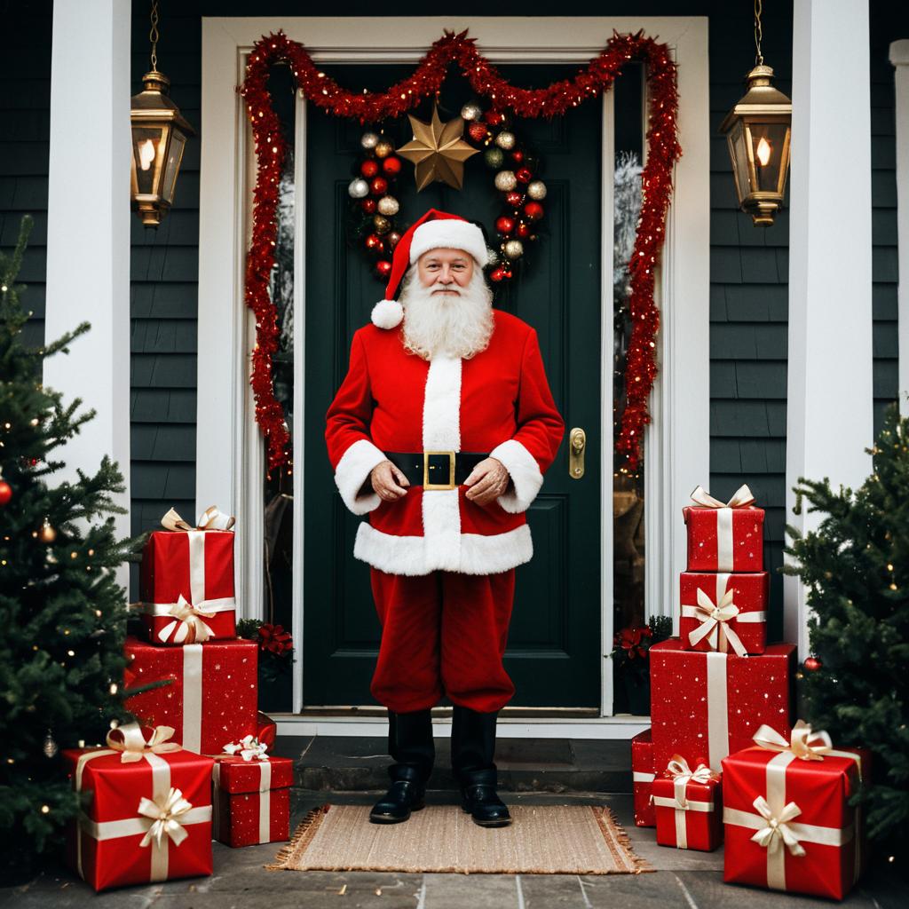 Santa Claus Standing on Festive Porch with Red Christmas Gifts