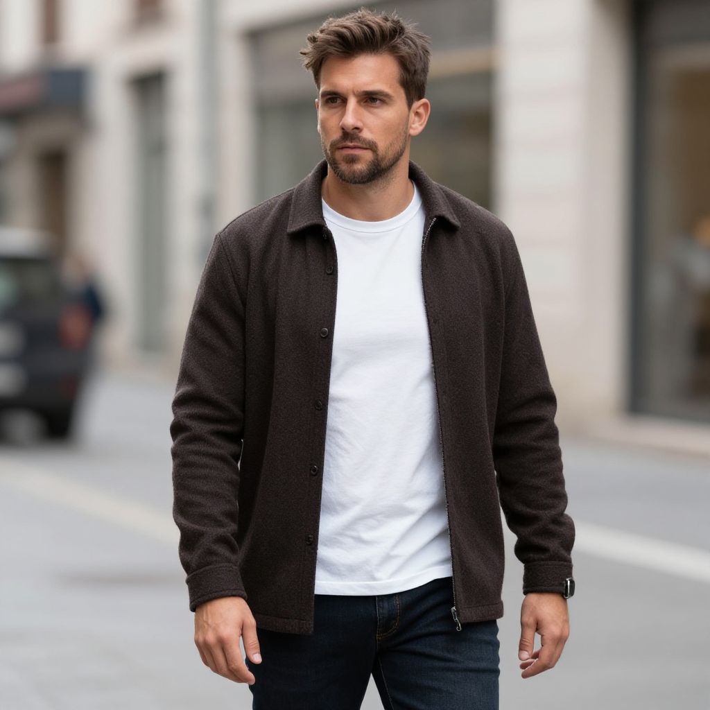 Stylish Man in Casual Brown Jacket and White T-Shirt Walking in Urban Street
