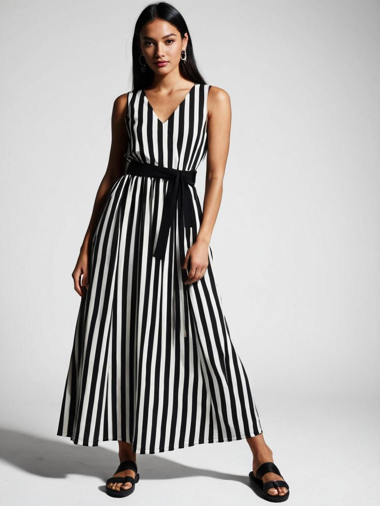 Woman Casual Chic Sleeveless Maxi Dress in Black and White Stripes