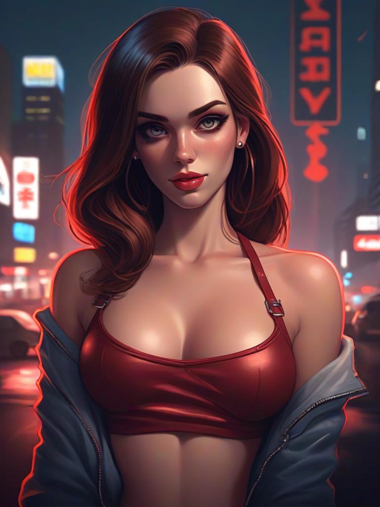 Digital Portrait of a Red-Haired Woman in Neon Urban Nightscape