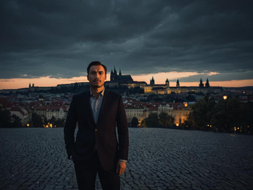 Man before Prague Castle under moody sky