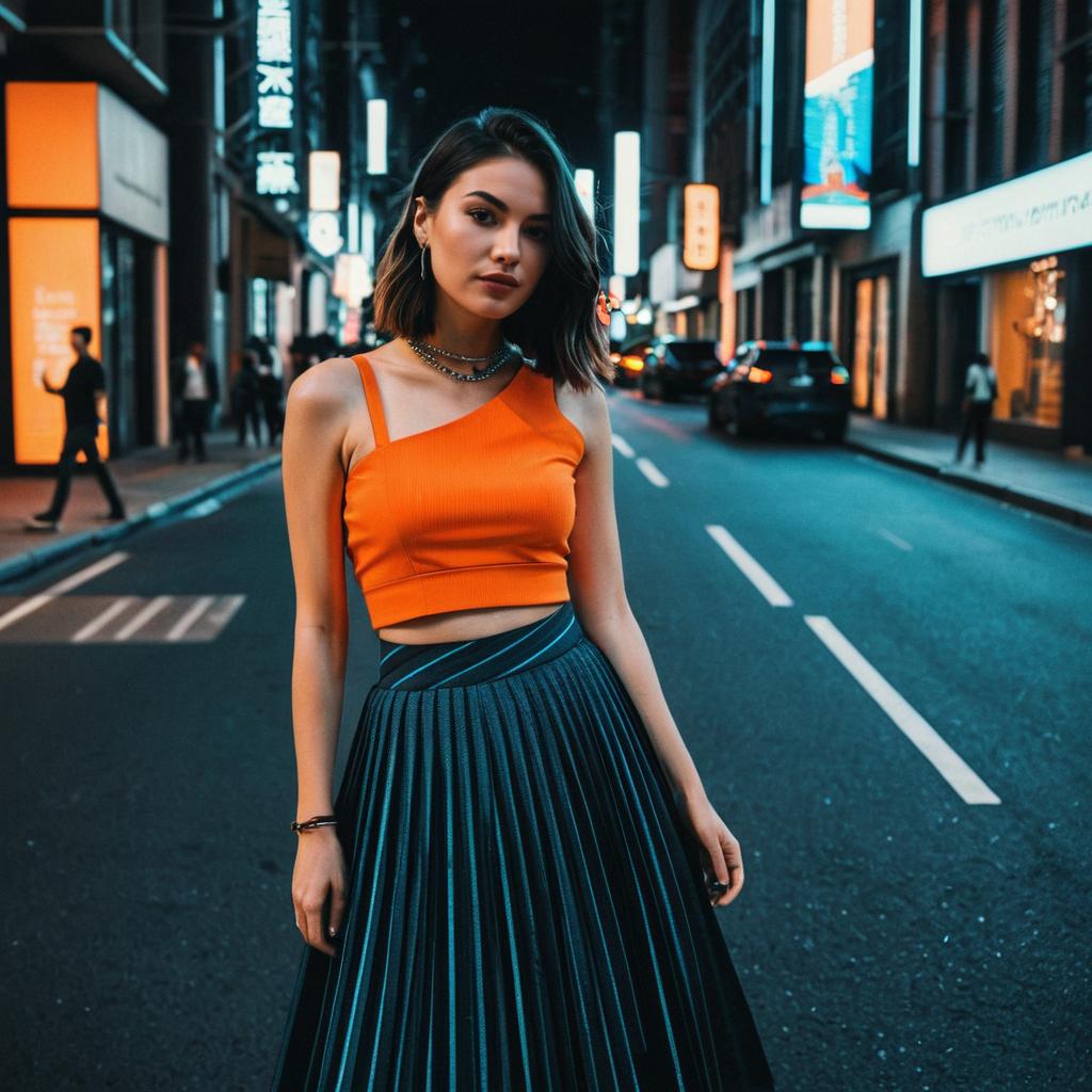 Trendy Woman in Orange Crop Top and Pleated Skirt on Neon-Lit Street