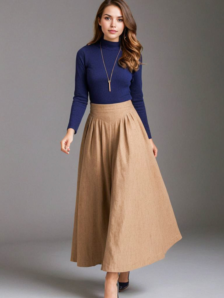 Chic Autumn Outfit: Navy Turtleneck & Beige Maxi Skirt