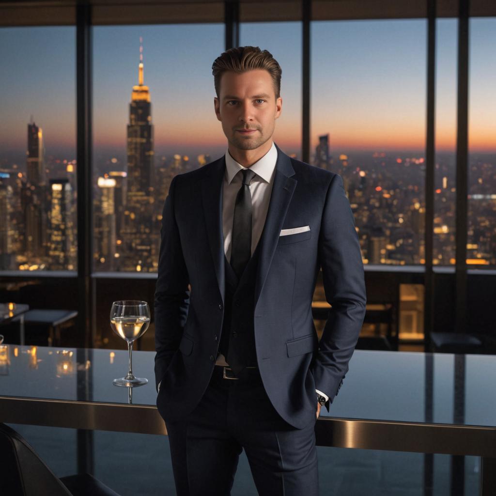 Smartly Dressed Man by Window with City Skyline at Sunset