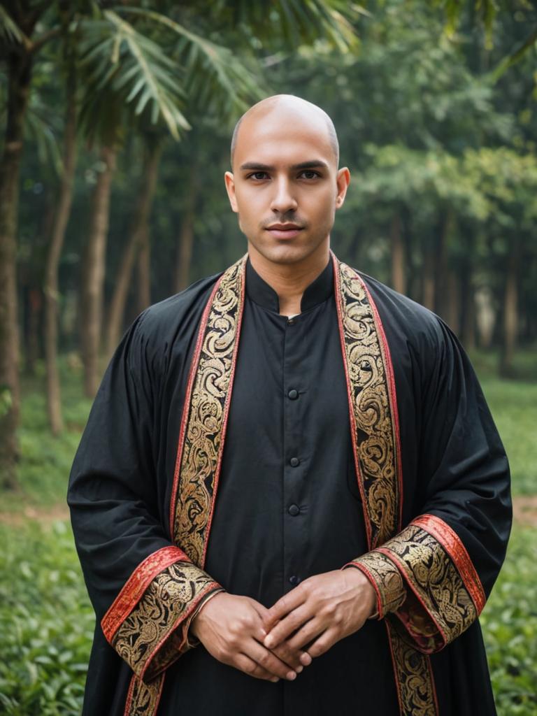 Man in Traditional Robe in Serene Forest