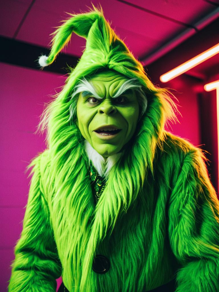 Man in Detailed Grinch Costume Cosplay with Bright Green Fur and Facial Prosthetics