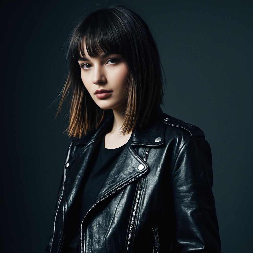 Portrait of Young Woman in Black Leather Jacket with Moody Lighting
