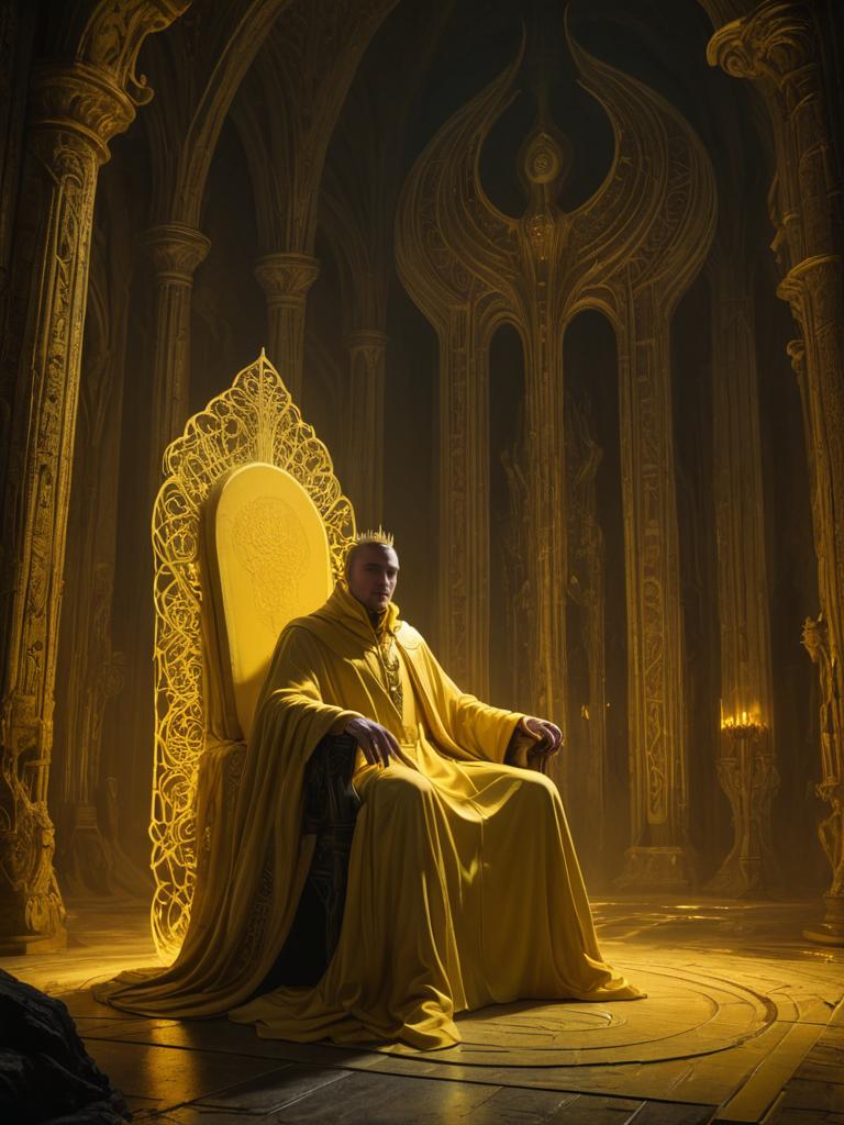 The King in Yellow on Ornate Throne in Dim Hall