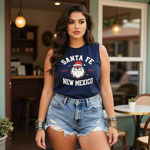 Curvy Woman in Sleeveless Navy Blue Santa Fe New Mexico Top and Distressed Denim Shorts