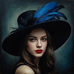 Elegant Woman in Black Hat with Blue Feathers