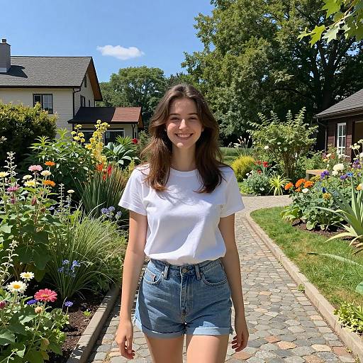 Happy Young Woman Walking in Beautiful Garden on Sunny Day
