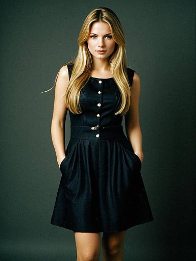 Stylish Woman in Black Sleeveless Frock with Gold Buttons