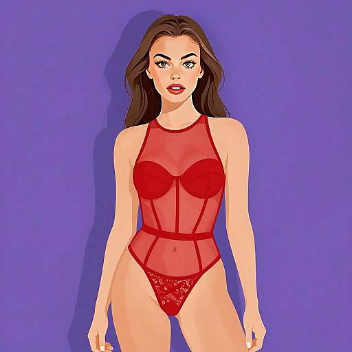 Woman in Bold Red Mesh Bodysuit Fashion Illustration